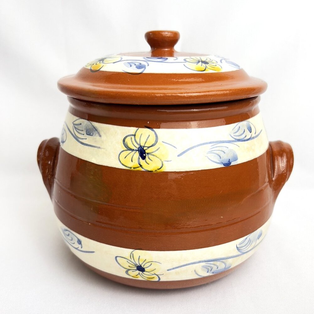 Hand-Painted Vintage Terracotta Pot with Lid Floral Bands Made in Portugal